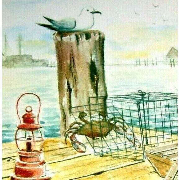 Seagull Art Print Crab Trap Bay Harbor Nautical Seaside Dock Gulls T Rex 10x13" - Picture 5 of 5